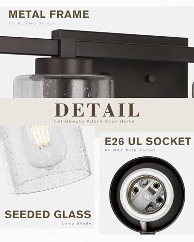 Image of Beionxii Bathroom Vanity Lights, 4-Light Vintage Wall Sconce Light Fixtures, Oil Rubbed Bronze Finish with Clear Seeded Glass - MB9002 Series