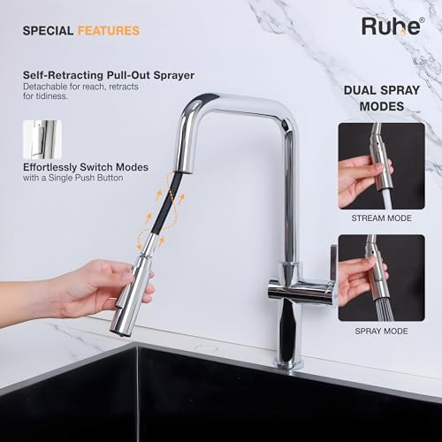 Image of Ruhe Opulo Dual Flow Pull-out Kitchen Mixer Faucet - Chrome | 360 Swivel | Hot & Cold Water Faucet | Single Lever Tap | Table Mounted Kitchen Sink Tap