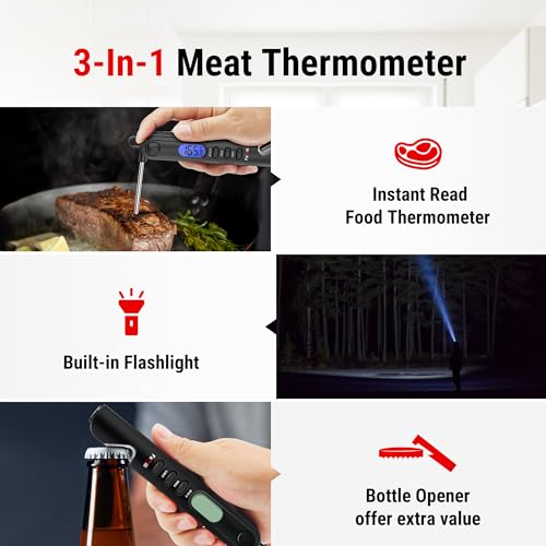 Famili FM6018 Instant Read Meat Thermometer 3 in 1 Multifunctional Digital Cooking Food Thermometer with Flashlight & Bottle Opener Design for Kitchen BBQ Grill Smoker