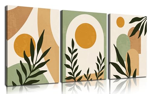 Boho Sun Canvas Wall Art Set of 3, Neutral Abstract Minimalismt Bohemian Geometric & Botanical Plants Pictures Prints Artwork Paintings Wall Decor for Bedroom Living Room Home Decoration 12x16 inches