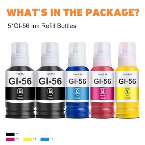hehua GI-56 GI56 Kompatybilny zamiennik wkładu atramentowego Canon GI-56 GI56 Multipack Pasuje do Canon MAXIFY GX3050 GX4050 GX5050 GX6050 GX7050 (Czarny/Cyan/Magenta/Żółty, 5 szt.)