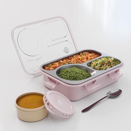 MEDALLIX 3-Compartment Stainless Steel Lunch Box, Tiffin Box, Leak-Proof & BPA-Free Bento Box, Eco-Friendly, Durable Meal Prep Container for Kids & Adults, Ideal for School, Office, Travel (Pink)