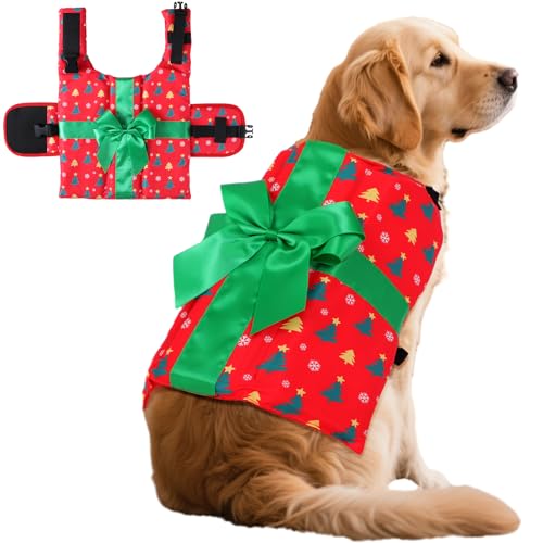 SilTriangle Dog Gift Christmas Costumes Xmas Present Outfit Holiday Clothe Shirt Christmas Dog Pet Costume for Tree Snowflake Red Green Pattern with Bow Life Jacket Swimming Boating Water Flotation(L)