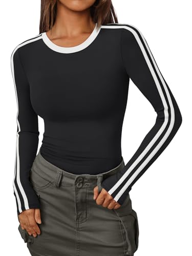 Trendy Queen Long Sleeve Workout Tops for Women Y2K Fitted Athletic Gym Shirt Trendy Color Block 2025 Fall Outfits