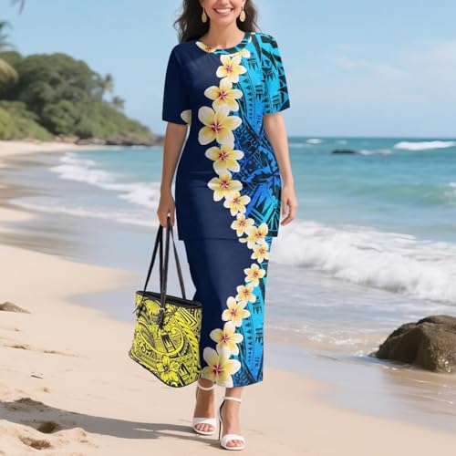 Image of Puletasi Samoan Traditional 2 Piece Outfits for Women Short Sleeve Crop Top and Maxi Skirt Sets Puletasi Dress