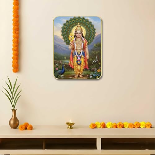 Image of SAF Lord Murugan Wall Art with Table Top Stand & Wall Hanging Hole | Kartikeya Subramanya Swamy MDF Religious Painting for Home Mandir Vastu Decor