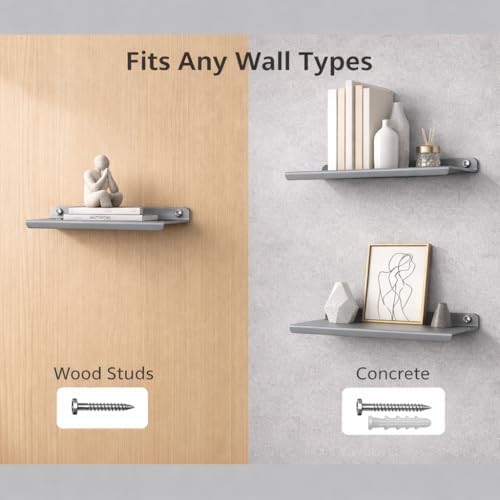 Image of 9 Inch Set 2 Grey Wall Shelf - Metal Floating Shelf for Wall, Wall Mounted Shelves, Modern Wall Shelf for Bedroom & Living Room Storage, Minimalist Wall Mount Shelf (22.86 CM Long X 12 CM deep)