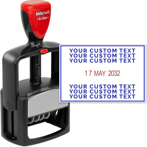 MaxMark Custom Heavy Duty Military Large Date European Format (DD/MM/YYYY) - Self Inking Date Stamp - Blue & Red (2 Colors)