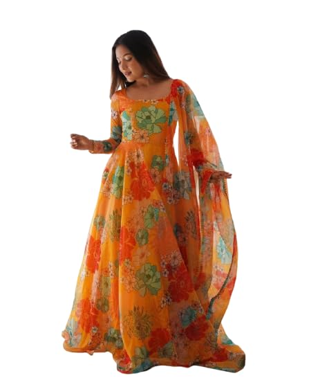 RUTURAS CREATION Women's Printed Organza Light Weight Adjustable A-Line Ethinic Wear Western Gown