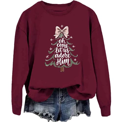 Image of TONGCHEN Oh Come Let Us Adore Him Tree Sweatshirt for Women Christmas Christian Religious Holiday Winter Gift (US, Alpha, XX-Large, Regular, Regular, Wine Red)