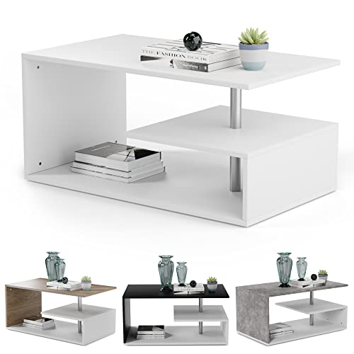 MIADOMODO® Tavolino da Salotto - 90 x 50 x 41 cm, con Ripiani, Basso, Rettangolare, Design Moderno, Colore a Scelta - Tavolo da Caffè, Tè, Soggiorno, Arredamento (Bianco)