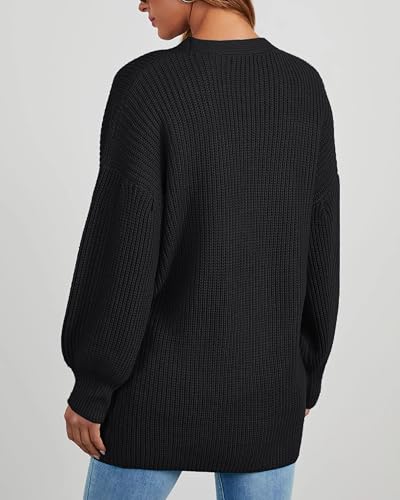 Jhsnjnr Womens Oversized Knit Cardigan Coat Long Lantern Sleeve Open Front Sweater Chunky Knitwear Black - Image 4