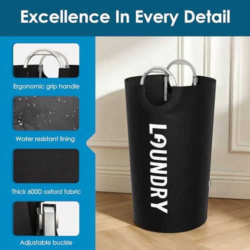 Image of 100L Laundry Basket with Tech Handle, 2in1 Large Dirty Clothes Hamper Black | Hand or Shoulder Carry, Collapsible Foldable Bin, Plastic Handle, 600D Oxford with Waterproof PE Coating for Dorm, Bathroom