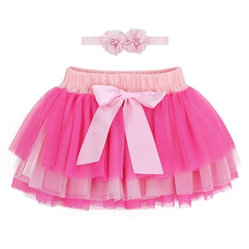 ANIMQUE Bébé Tout-Petit Enfant Fille Tutu Princesse Mini Jupe Super Doux Tulle Taille Élastique Ballet avec Protège-Couche + Bandeau 6-12 Mois, Magenta Rose M