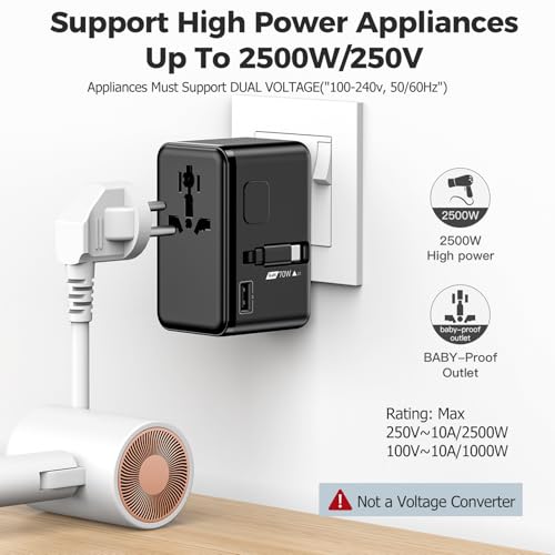 Image of JMFONE 70W GaN Universal Travel Adapter, Retractable USB-C Cable + 4 USB-Port + 2500W AC Outlet, International Power Adapter with US EU UK AUS Plugs for 200+ Countries, Fast Charging Laptops Phones