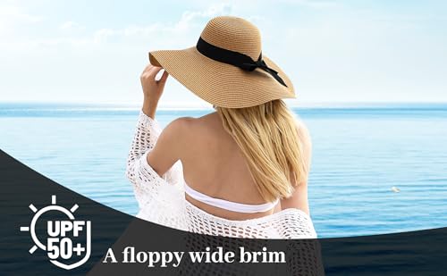 Image of Beach Sun Straw Hats for Women, UPF 50+ UV Sun Protection Wide Brim Summer Straw Hat Foldable Packable Roll up Cap