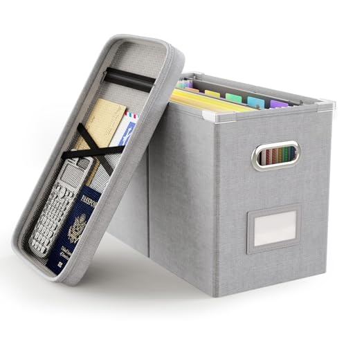 Oterri File Organizer with Lid, Hanging Filing Box with Mesh Pocket, Document Organizer for Letter Files, Portable Storage Box with Smooth Sliding Rail for Office & Home (1 PCS, Light Grey)