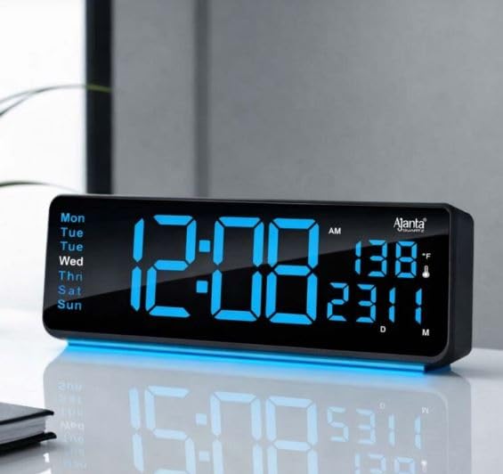 Image of Ajanta Digital Electric Wall Clock with Time, Temperature, Date & Day | RGB LED Night Light Display | USB Type-C Charger | 12 /24H Format & Snooze (Blue)