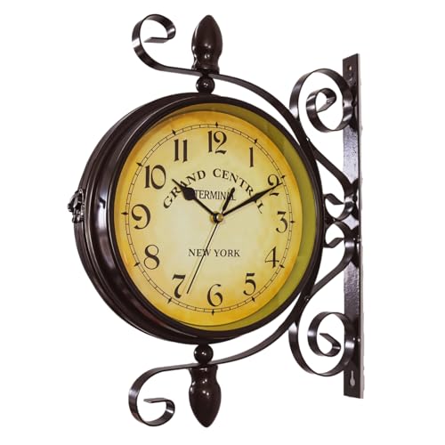 Chewtoyo Reloj de pared retro de doble cara con estación de tren, 14.6 x 11 x 3.9 pulgadas, reloj industrial de hierro para el hogar, la oficina y el bar