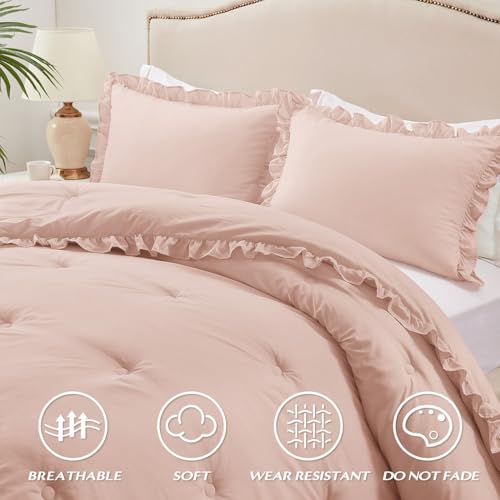 Image of HARBOREST King Comforter Set Blusher - Ruffle Comforter for King Size Bed, Fluffy King Size Comforter Set for All Seasons, 3 Pieces Shabby Chic Bedding Comforter Set(1 Comforter & 2 Pillow Shams)