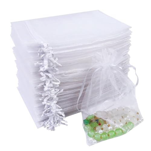 Quelcc 100 Piezas Bolsas de Organza, 10x15cm Bolsas Organza, Bolsitas de Tela Pequeñas Blancas para Bolsas Regalo con Cordón, Bolsita de Tul, Joyas, para Boda Favores Joyas y Dulces