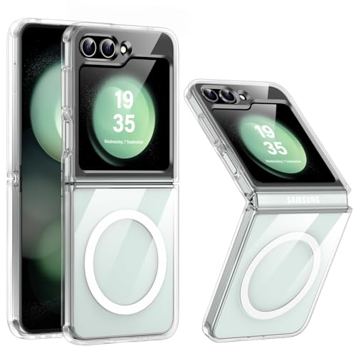 FNDMIL NO.1 Magnetic for Samsung Galaxy Z Flip 5 Case Compatible with MagSafe [Crystal Clear] [Anti-Yellowing][Military Shockproof] Slim Hard Case with Silicone for Samsung Flip 5 Case,Transparent