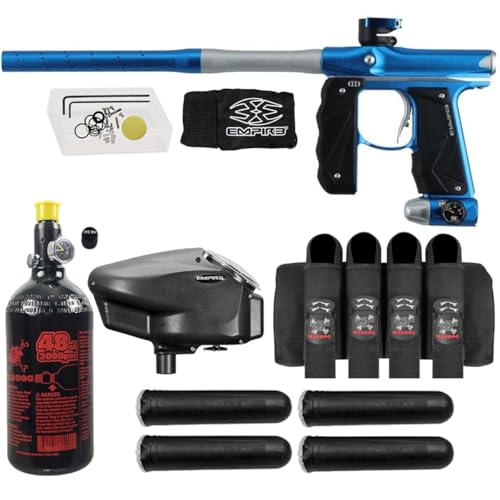 Maddog Empire Mini GS Electronic Full Auto Paintball Gun Marker w/ 48/3000 HPA Paintball Tank, Empire Halo Too Electronic Loader, 4-Pod Harness & (4) Pods Starter Package - Dust Blue/Dust Silver