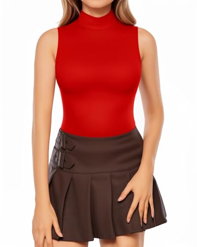 Image of MANGOPOP Women's Mock Turtle Neck /V Neck /Scoop Neck Long Sleeve /Sleeveless Tank Tops Bodysuit Jumpsuit (A1 Sleeveless - Red (Modal), Medium)