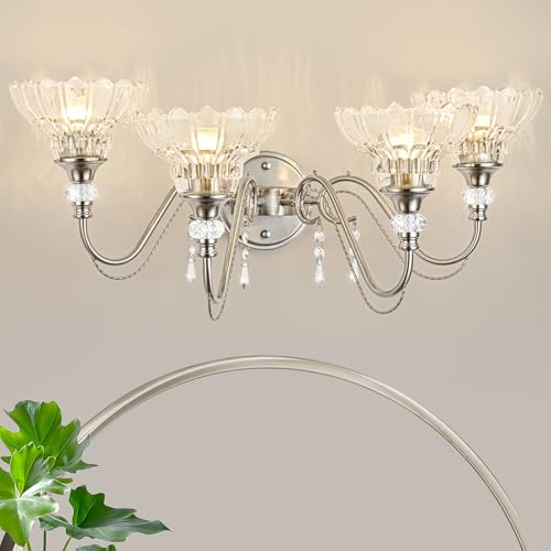 Image of Brushed Nickel Bathroom Vanity Light, 4-Light Nickel Finish Wall Sconce with Hanging Crystal Accents and Flower-Shaped Clear Glass Shades, Modern Wall Mount Vanity Light Over Mirror for Bathroom