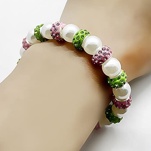 Pink Green Sorority Society Jewelry Ivy Leaves Letter Metal Pendant Pearl Elastic Bracelet2