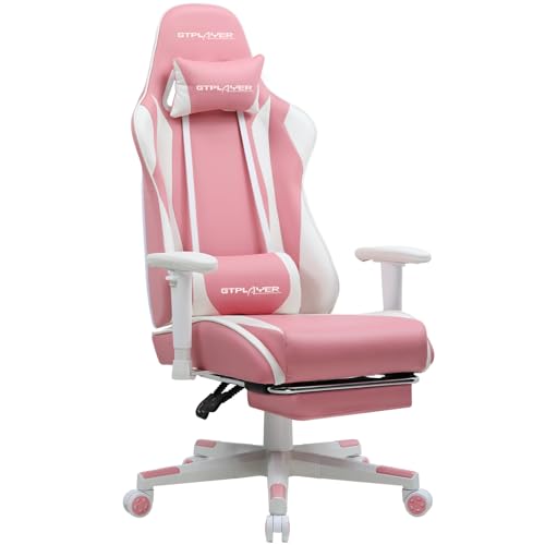 GTPLAYER Gaming Chair with Footrest, Ergonomic Computer Game Desk Chair, Reclining Gamer Chair Seat Height Adjustment, Swivel Rocker with Headrest and Lumbar (Pink)
