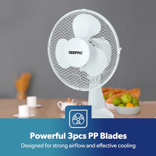 GEEPAS 9" Table Fan | Electric Portable Worktop Desk Fan with 2 Speeds 3 Blades, Adjustable Tilt Wide Angled Oscillation | Powerful Low Noise Airflow for Home Office | 1 Year Warranty, White 22W - Image 7