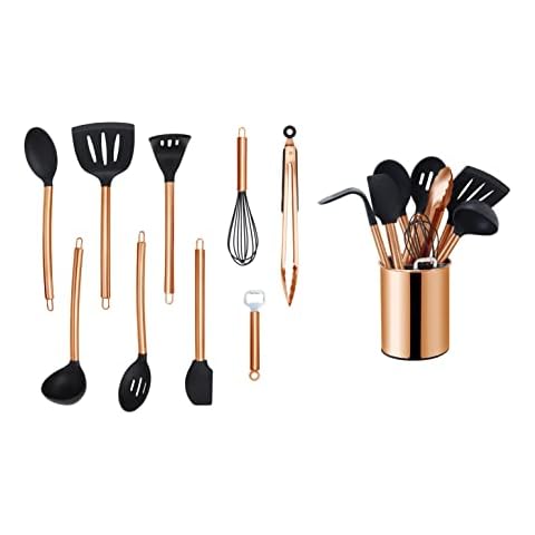 ECHTWERK EW-KS-1001K, 10 Piece, Kitchen Stainless Steel Handle, Set with Utensil Holder, Cooking Accessories, Non-Stick Silicone Household Helper, Copper Edition Cover