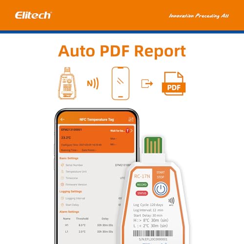 Elitech 20Pack USB/NFC PDF Data Logger Recorder Single-use Disposable, up to 120 Days Transportation, Temperature Monitoring Report -22～158℉ RC-17N