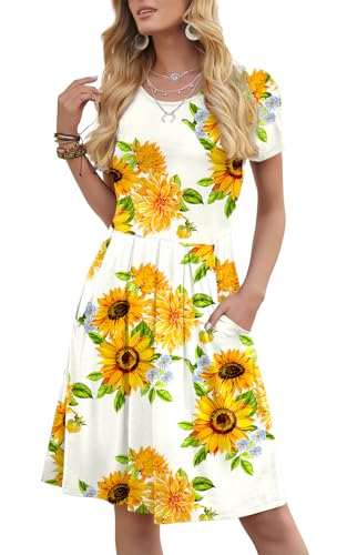 DouBCQ Womens Casual Short Sleeve Flowy Pleated Loose Dresses with Pockets (0-Sunflower White M)