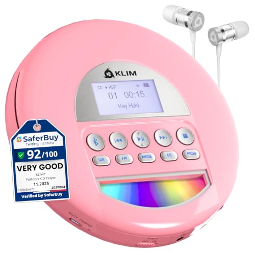 KLIM Nomad - Portable CD Player with Long-Lasting Battery - with Headphones - Radio FM - Compatible MP3 CD Player Portable - TF Card Radio FM Bluetooth - Ideal for Cars (Pink)