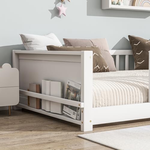 Image of Twin Size Kids Montessori Floor Bed,Twin Floor Bed Frame with Slats and Bookcase,Solid Wood Montessori Bed for Girls Boys,White