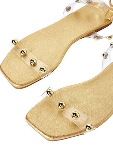 GORGLITTER Women's Metallic Lace Up Flat Sandals Dressy Clear Strappy Square Open Toe Summer Sandals4