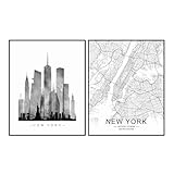 New York Skyline, Street Map, Watercolor Skyline Print, Building Wall Decor, Office Wall Art, New York Map Print, Set of 2 Prints, 11X14 Inch Unframed