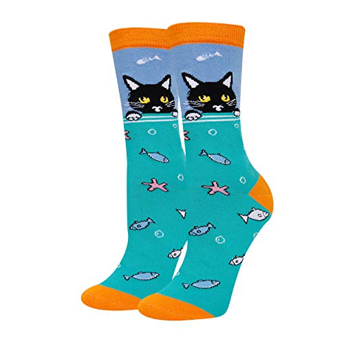 HAPPYPOP Cat Fish Socks for Women Girls, Cute Kitty Socks, Funny Gift for Cat Lovers