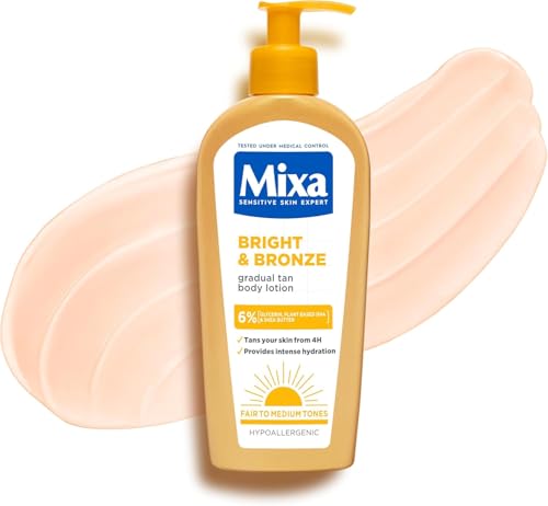 Mixa Bright & Bronze Gradual Tanning Body Lotion Natural and Even Looking Tan 24H Intense Hydration with 4% Glycerin & Plant-Based DHA Hypoallergenic Tested on Sensitive Skin 250ml