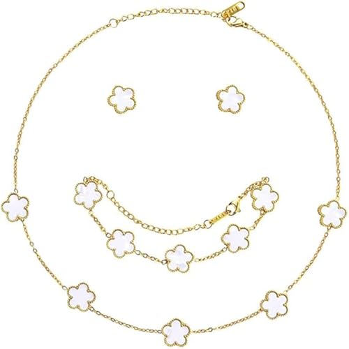 XIWCAFC Conjunto de Joyas para Mujer con Trébol de Cuatro Hojas 18K Oro Plateado Acero Inoxidable Doble Cara Trébol de Cuatro Colgante Collar Pendientes Pulsera Juego de Joyas (Blanco)