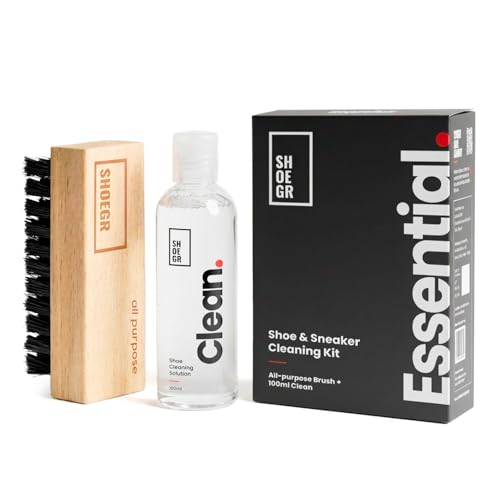 SHOEGR Essential Sneaker & Shoe Cleaner Kit | Suitable for Nubuck, Canvas, Knit, Trainers, Multi-Material & Sports Shoes | Travel Friendly Shoe Care Kit | All Purpose Brush & Cleaning Solution