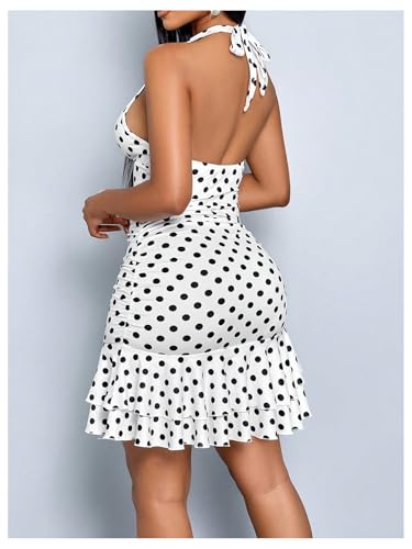 MakeMeChic Women's Polka Dots Halter Dress V Neck Tie Back Ruched Tiered Ruffle Short Dresses3