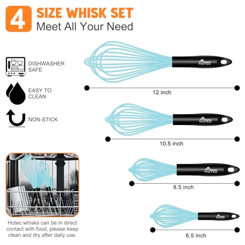 Image of HOTEC 4 Pieces Silicone Whisks Set, Wire Balloon Whisks for cooking Egg Beater, Non-slip Handle Whisk for Non-stick Cookware Perfect for Cooking, Stirring, Beating and Blending,Blue