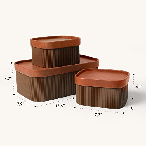 LA JOLIE MUSE Fluted Cardboard Storage Baskets with Leather-Like Lids, Sturdy Stackable Paper Boxes Decorative Tray, Chocolate Brown, Set of 3 - Image 4