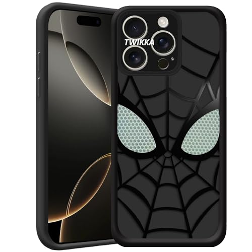 Image of Stylish Spider Back Case Cover Compatible for iPhone 15 Pro | Spidey Face Mask Case | Soft Silicone | Camera & Full Body Protection | Shock Proof | (Black)