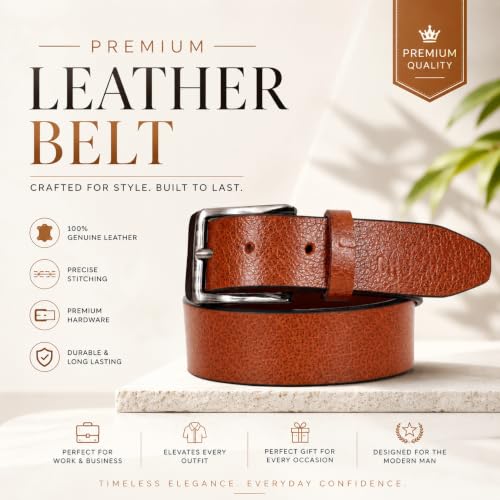Image of Men's Tan Genuine Leather Belt for Men | Textured Premium Leather Belt with Metal Tang Buckle | Casual, Formal & Office Wear | Adjustable Durable Belt for Jeans.