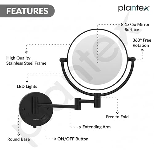 Image of Plantex Brass and 304 Stainless-Steel Magnifying Mirror with LED /Wall Mount Makeup Mirror with Light /Zoom Mirror- 5x /1x Magnification (8 Inch-Black)