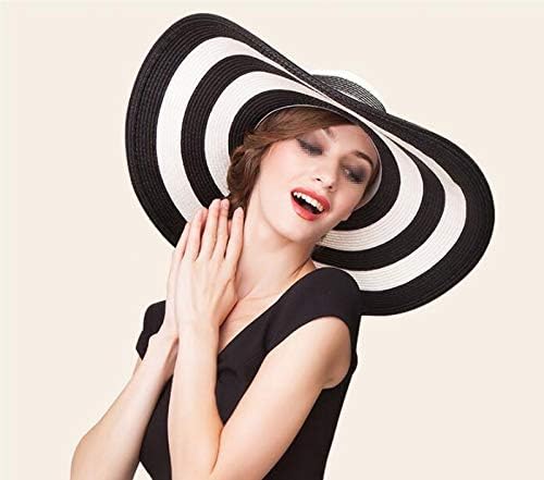 Women Wide Brim Straw Hat Foldable Beach Floppy Sun Hat Black White Stripe - Image 4